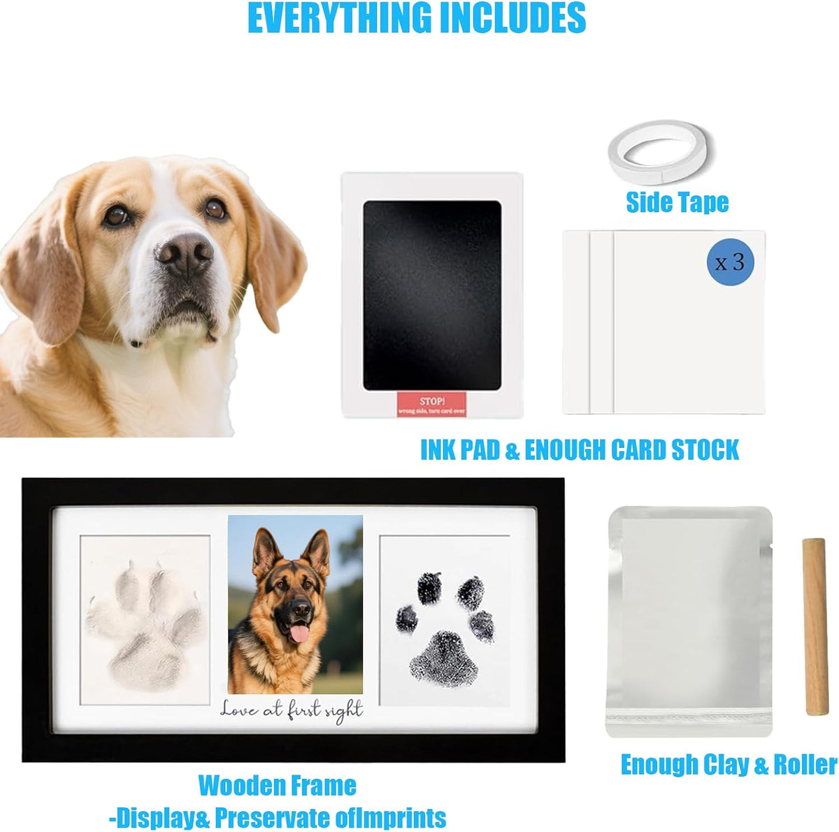 Paw Print Frame Kit, Cat/Dog Paw Print Kit, Dog Nose Print Kit, Soft Pawprint Clay&Clean Touch Ink Pad,Pet Paw Print Impression Kit with Customization Tool,Wooden Pet Memorial Frame, Black