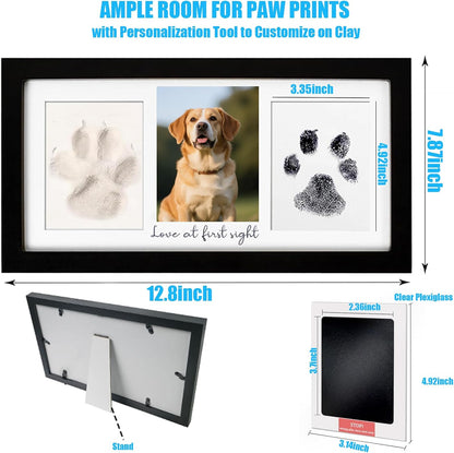 Paw Print Frame Kit, Cat/Dog Paw Print Kit, Dog Nose Print Kit, Soft Pawprint Clay&Clean Touch Ink Pad,Pet Paw Print Impression Kit with Customization Tool,Wooden Pet Memorial Frame, Black