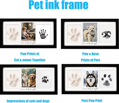 Paw Print Frame Kit, Cat/Dog Paw Print Kit, Dog Nose Print Kit, Soft Pawprint Clay&Clean Touch Ink Pad,Pet Paw Print Impression Kit with Customization Tool,Wooden Pet Memorial Frame, Black