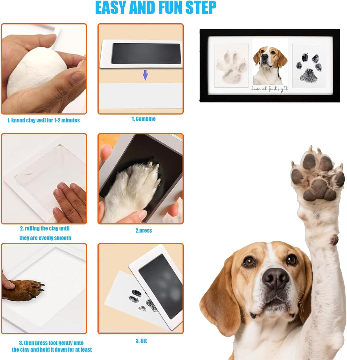 Paw Print Frame Kit, Cat/Dog Paw Print Kit, Dog Nose Print Kit, Soft Pawprint Clay&Clean Touch Ink Pad,Pet Paw Print Impression Kit with Customization Tool,Wooden Pet Memorial Frame, Black